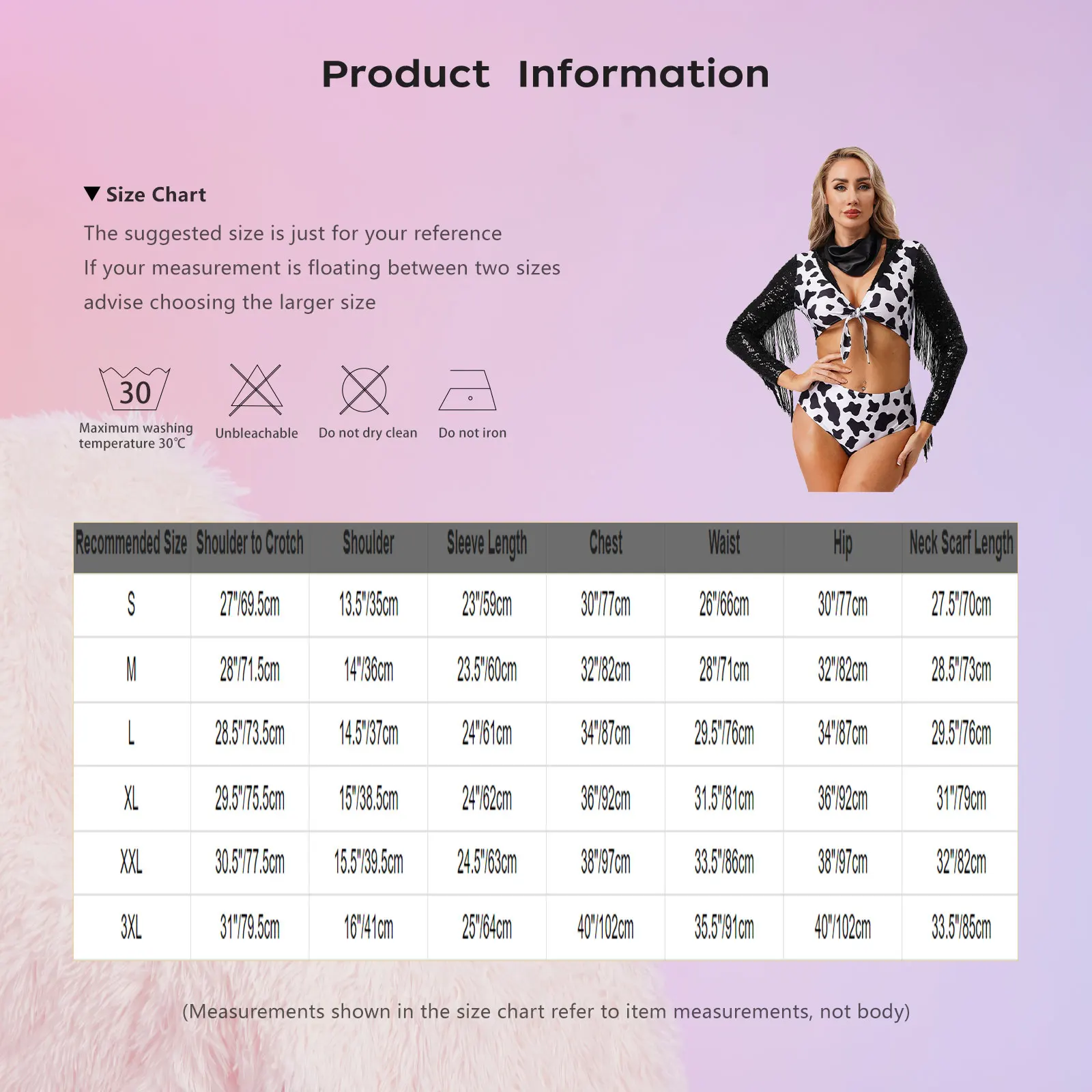

Halloween Women Cowgirl Costume Carnival Party Dress Up Club Wet Look Sequins Long Sleeves Tassels Cut Out Bodysuit with Scarf