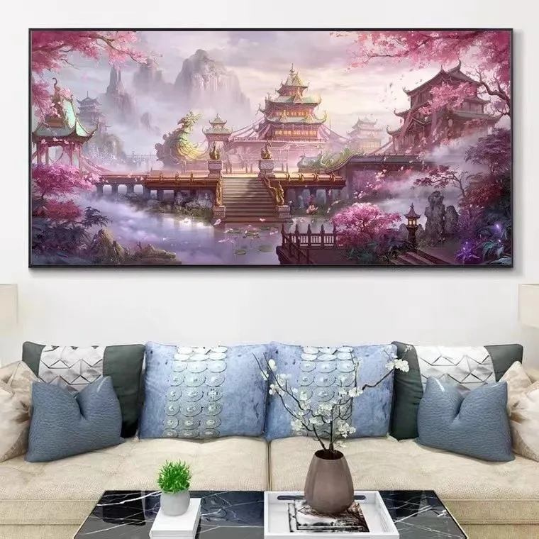 Handmade cross stitch finished product, dreamy anime, heavenly palace, new scenery, living room, bedroom decoration, hanging