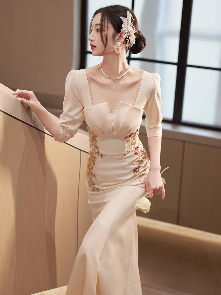 

Вечернее платье цвета шампань для женщин, новинка 2025 года, элегантное, для банкетов, с хвостом русалки, класса люкс, модное, средней длины