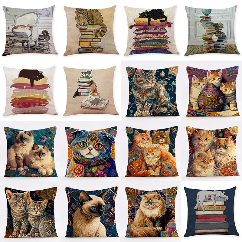 New Art Mural Kitten Print Series Pillowcase Sofa Animal Design Retro Cushion Cover 45x45 Cm
