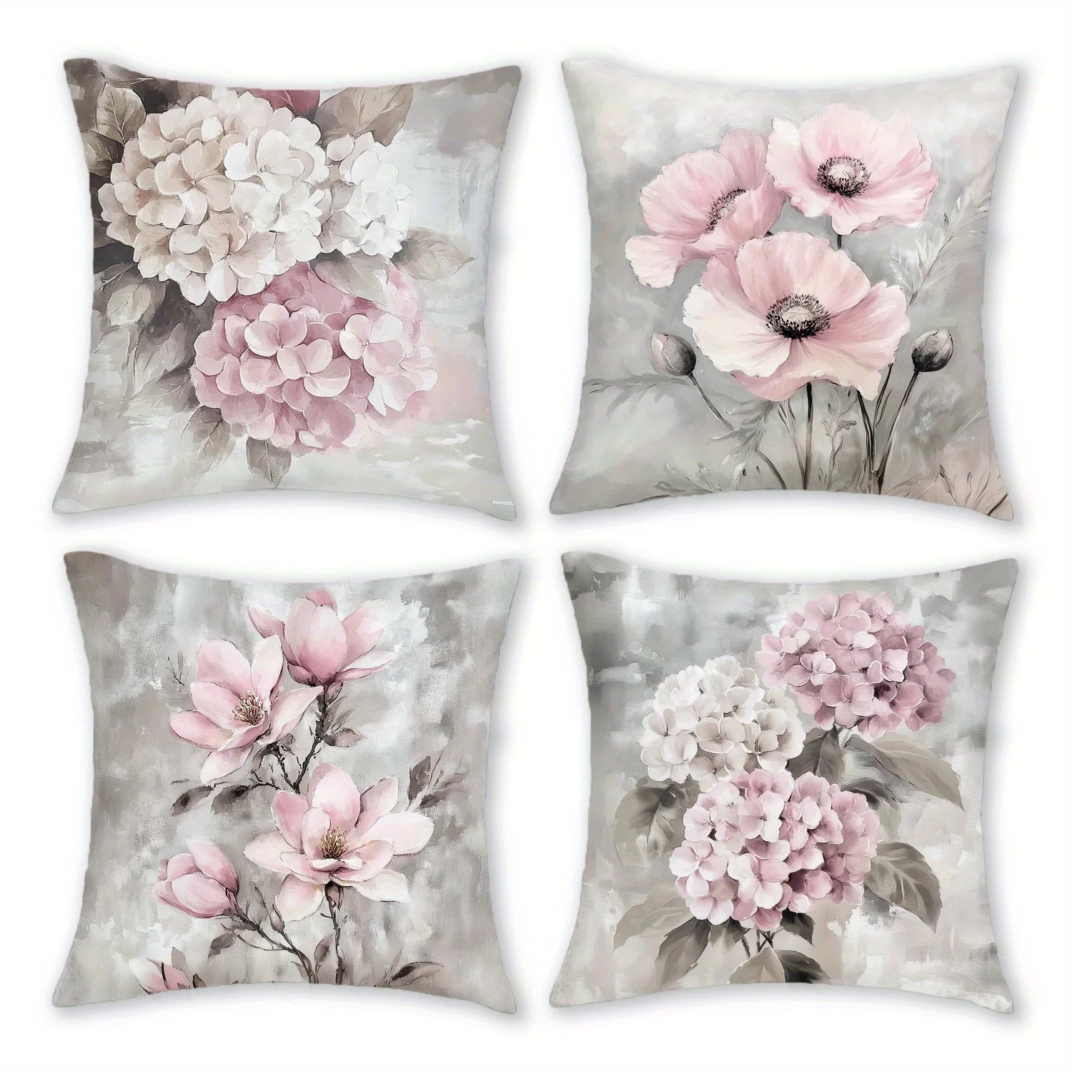 4pcs Short Plush Vintage Botanical Throw Pillow Covers 18x18 Inch - Hydrangea Bouquet & Poppy Gray Farmhouse Decor, Zipper Closu