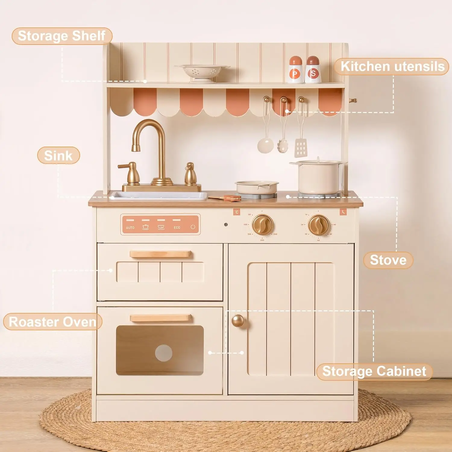 Cucina da gioco, set da cucina per bambini in legno per bambini con Design realistico, lavello, forno, fornello, armadio, stile Vintage americano, Ag