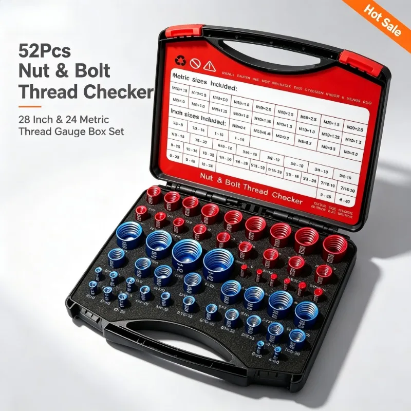 52Pcs Nut & Bolt Thread Checker, 28 Inch & 24 Metric Thread Gauge Box Set