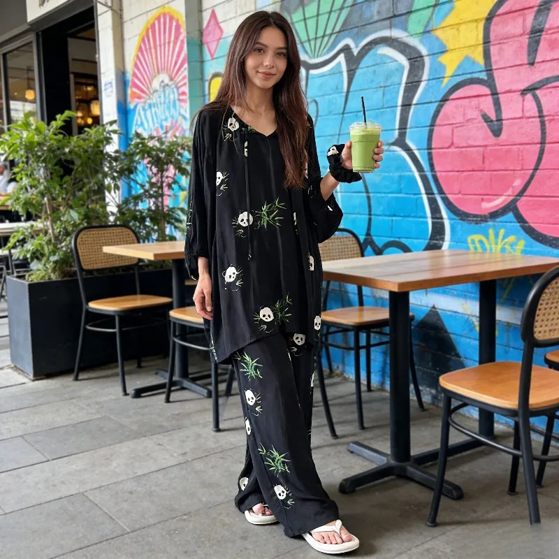 Women Panda Print Pajama Set Chinese Style Cotton Loungewear Sleepwear for Spring Autumn Homewear