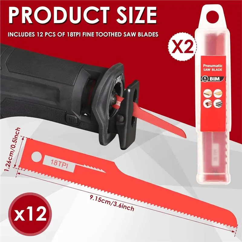 ใบเลื่อยลม ABLK 12 ชิ้น, ใบเลื่อยโลหะผสม 18TPI สำหรับเลื่อยลม, สำหรับก้านขนาดมาตรฐาน 1/2 นิ้ว