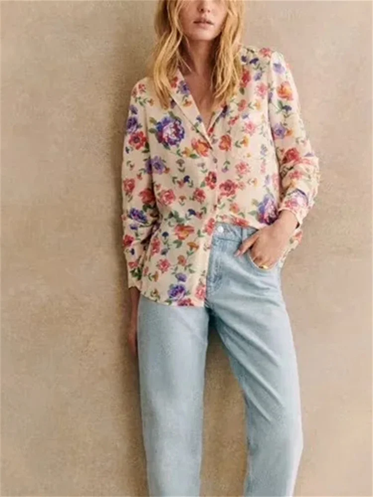 

Silk Floral Printed Women Shirt Notched Single Breasted Casual Female Long Sleeve Blouse Spring Summer 2024