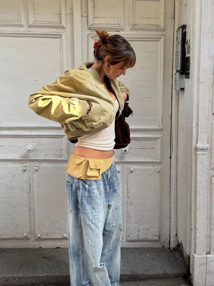 

Khaki Women's Jackets and Vests Cropped Bomber Lapel Collar Full Zip Closure Pocket Detail Streetwear Lady Casual Y2k Outfits