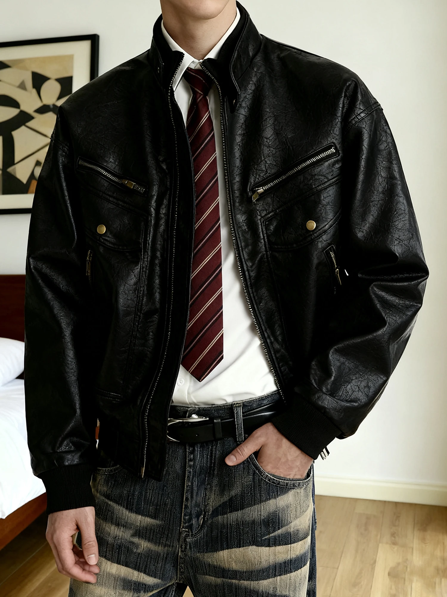 

Мужское мотоциклетное пальто из искусственной кожи в американском стиле ретро Boxy ape ort Wide Multi ket, текстурированный дизайн, свободная посадка