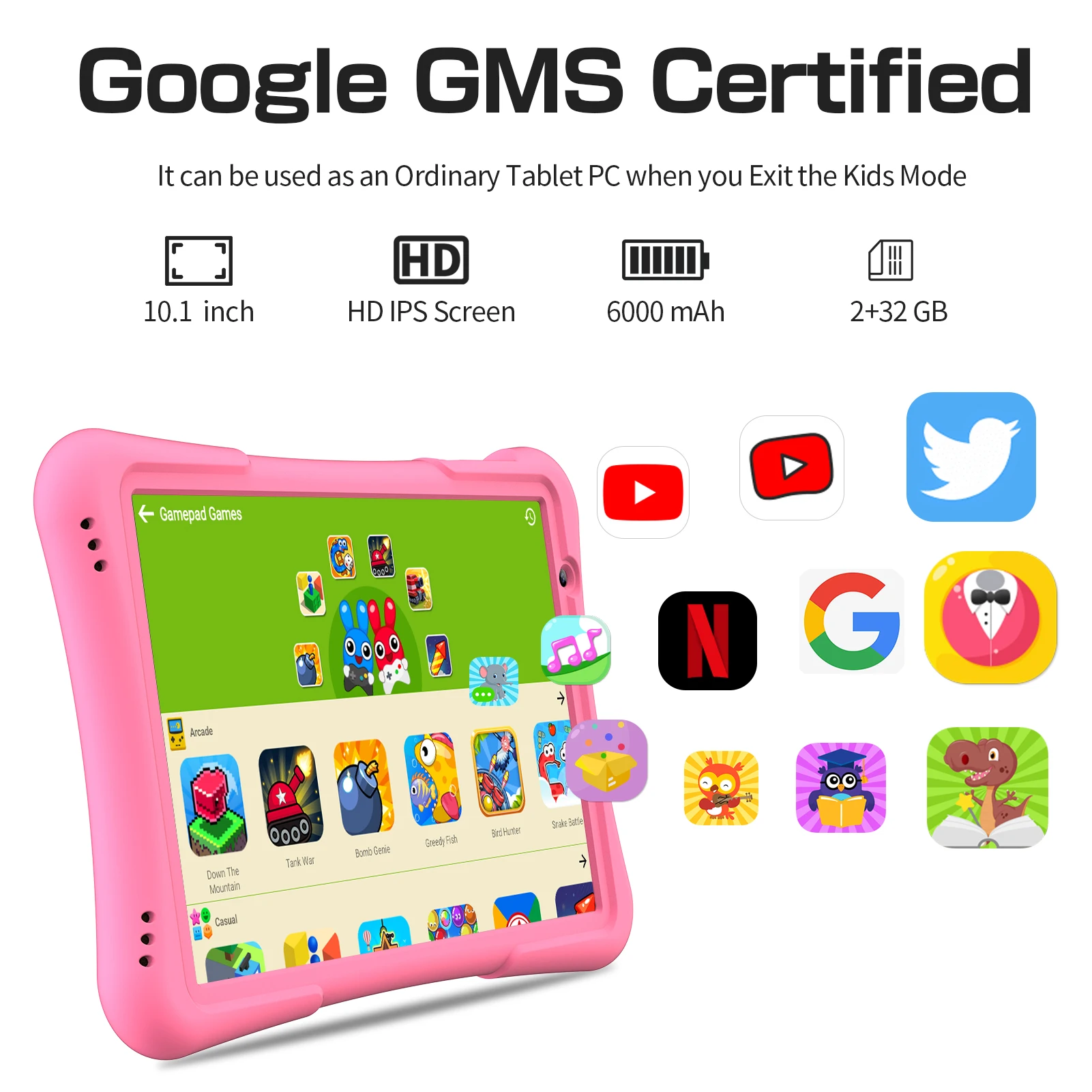 PRITOM Tablet infantil Android 12 de 10 polegadas 32 GB, Quad-Core, 6000 mAh, grande tela HD IPS, WiFi 6, câmera dupla, Bluetooth,