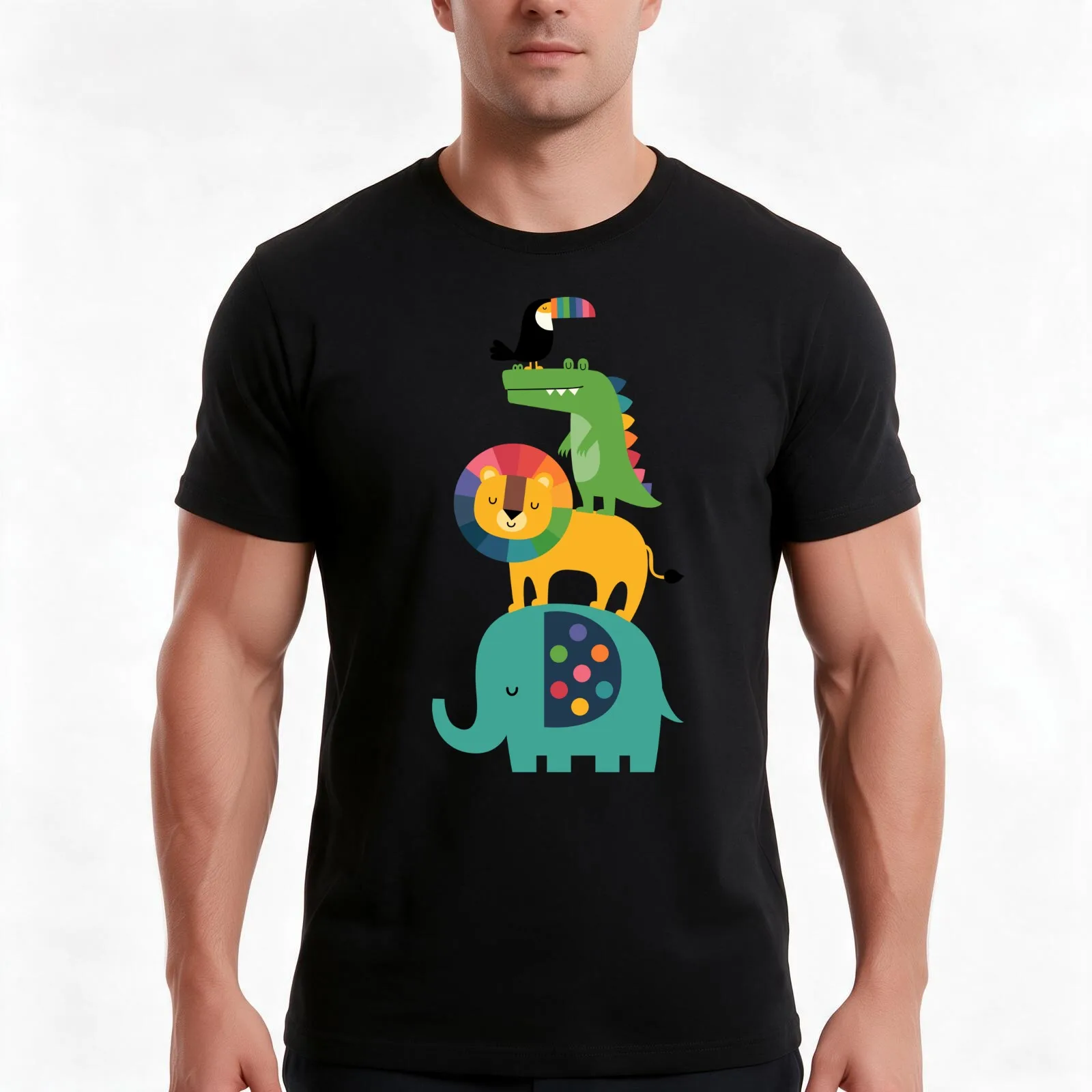Rainbow Safari T-Shirt, Summer Casual Cotton Tee, Oversized Streetwear Tops, Vintage Graphic Print, Loose Fit Short Sleeve