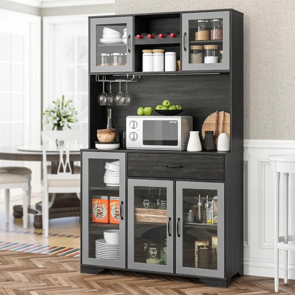 

Шкаф для кофе-бара, высокий 71-дюймовый шкаф для спиртного вина с розеткой и светодиодной подсветкой, стеклянные двери, кухонный шкаф для кладовой с хранилищем