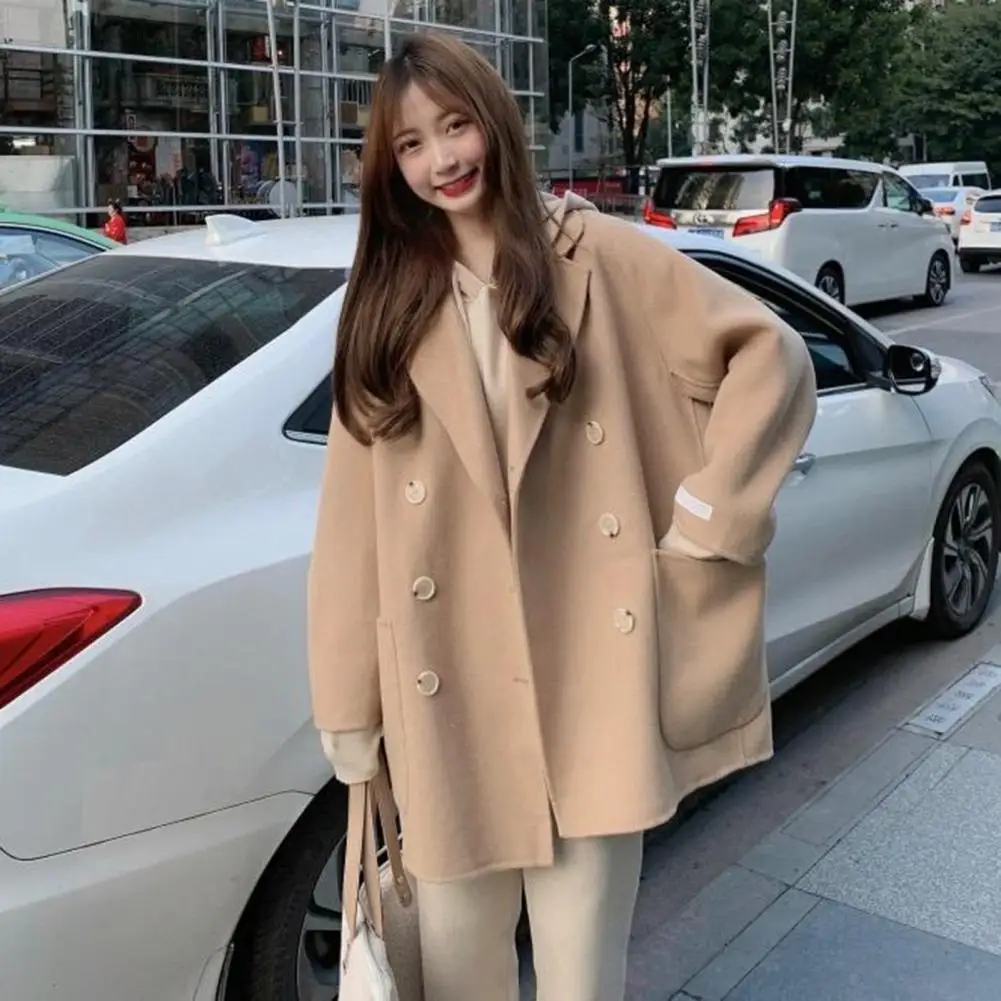 

Elegant Woolen Trench Coat Vintage Double Breasted Windbreakers Autumn Winter Loose Turn-Down Collar Woolen Cardigan Coat Jacket