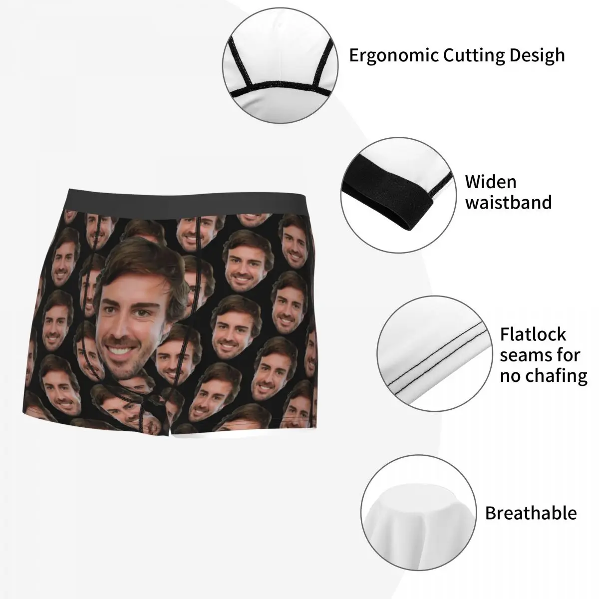 Men\'s Fernando Alonso Funny Face Boxer Shorts Panties Mid Waist Underwear Male Novelty S-XXL Underpants