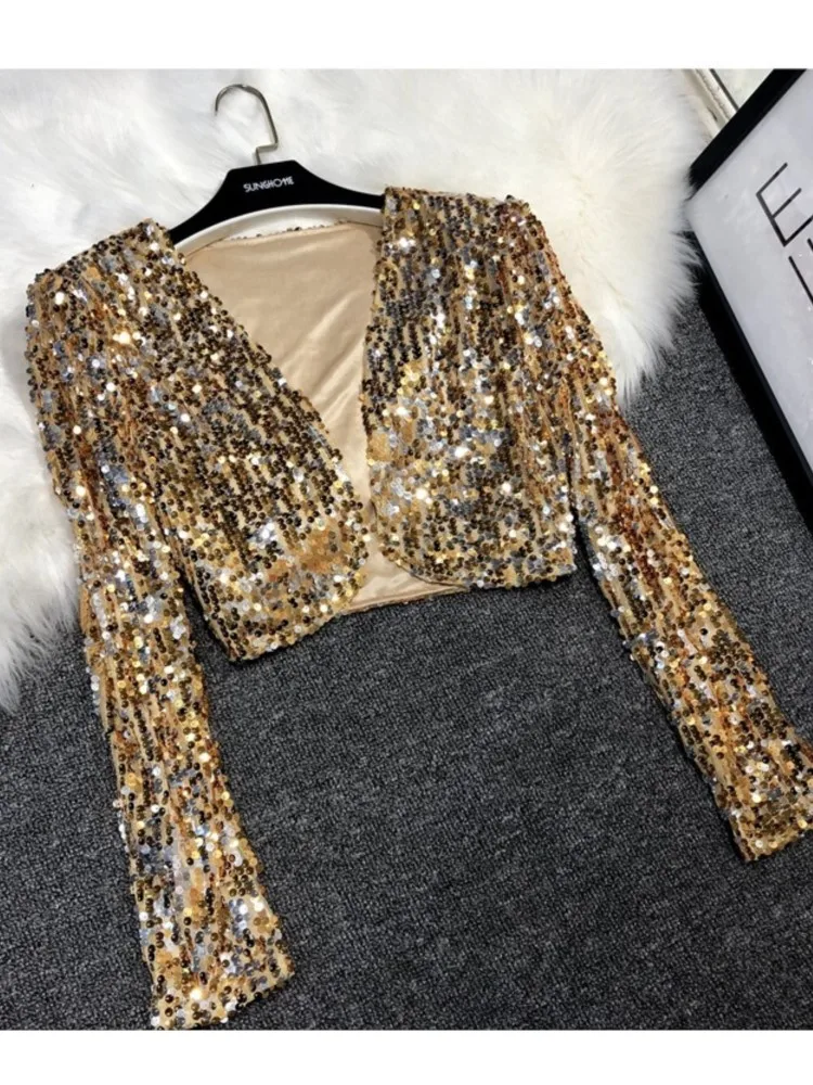 

Женская короткая верхняя одежда 2026: кардиган-пальто в уличном стиле с пайетками, однотонный, с длинными рукавами, для праздников и вечеринок, модный.