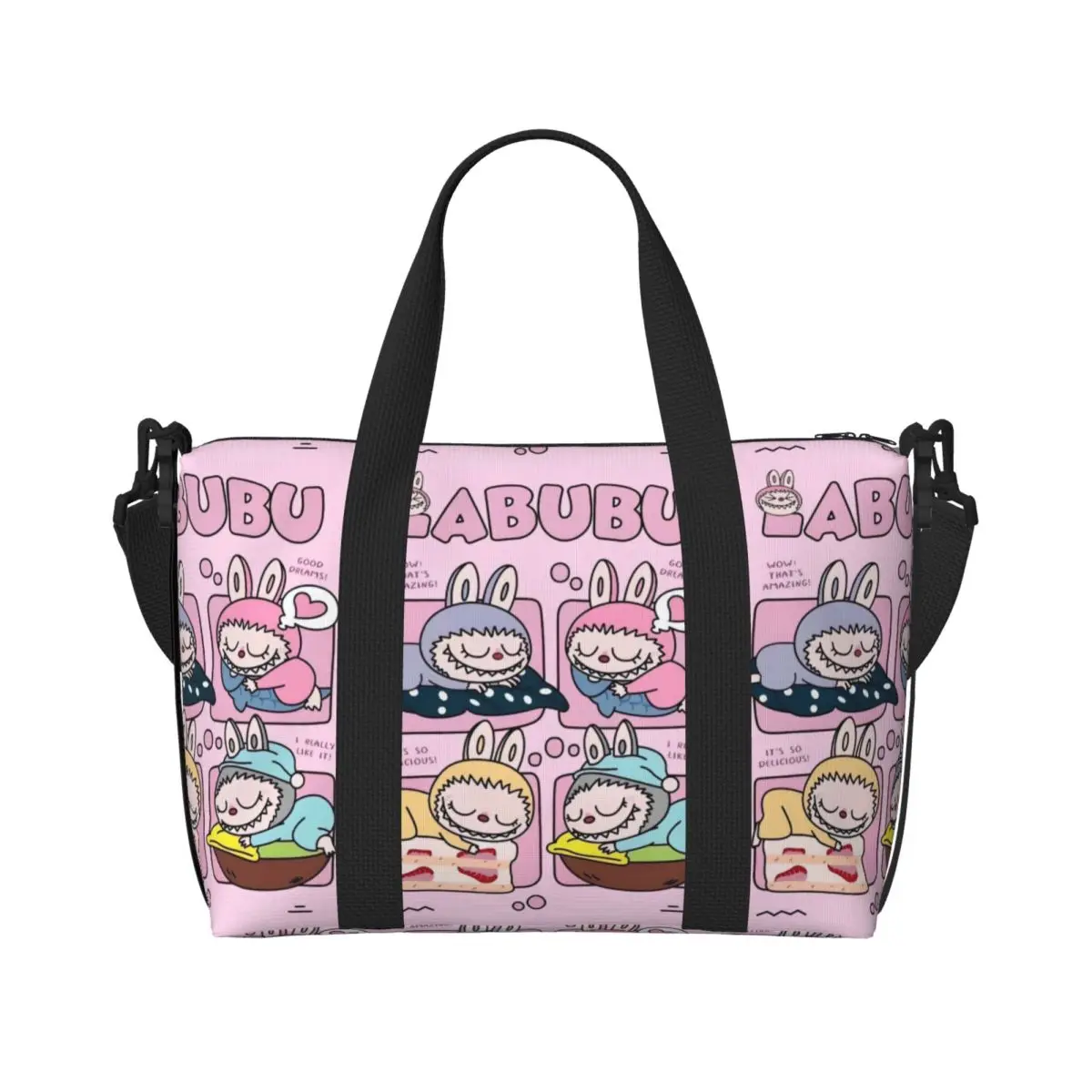 

Custom L-Labubus Doll Beach Tote Bag for Women Extra Large Gym Carry On Playful Monster Travel Shopping Bags