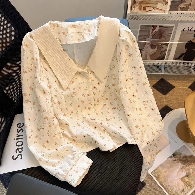 Floral Sweet Chiffon Shirt Women Fall Loose Casual Puff Long Sleeve Fashion Blouse French Kawaii Peter Pan Collar Chic New Tops