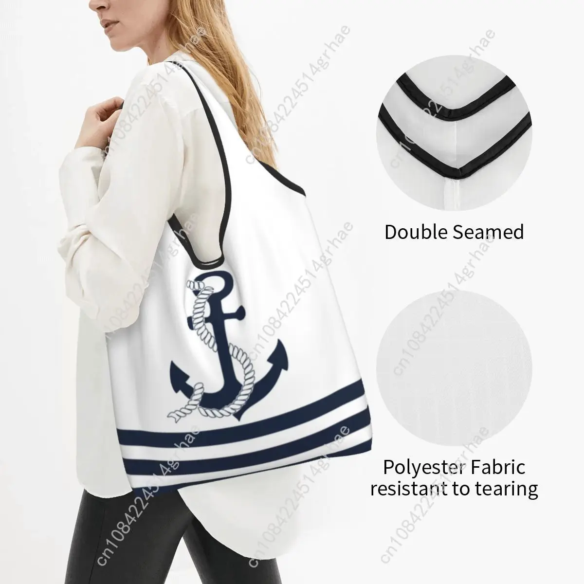 Tas Belanja Jinjing Portabel Motif Jangkar Biru Nautikal Kustom Dengan Garis-garis Biru dan Putih, Tas Selempang Belanja, Tas Tangan Pelaut