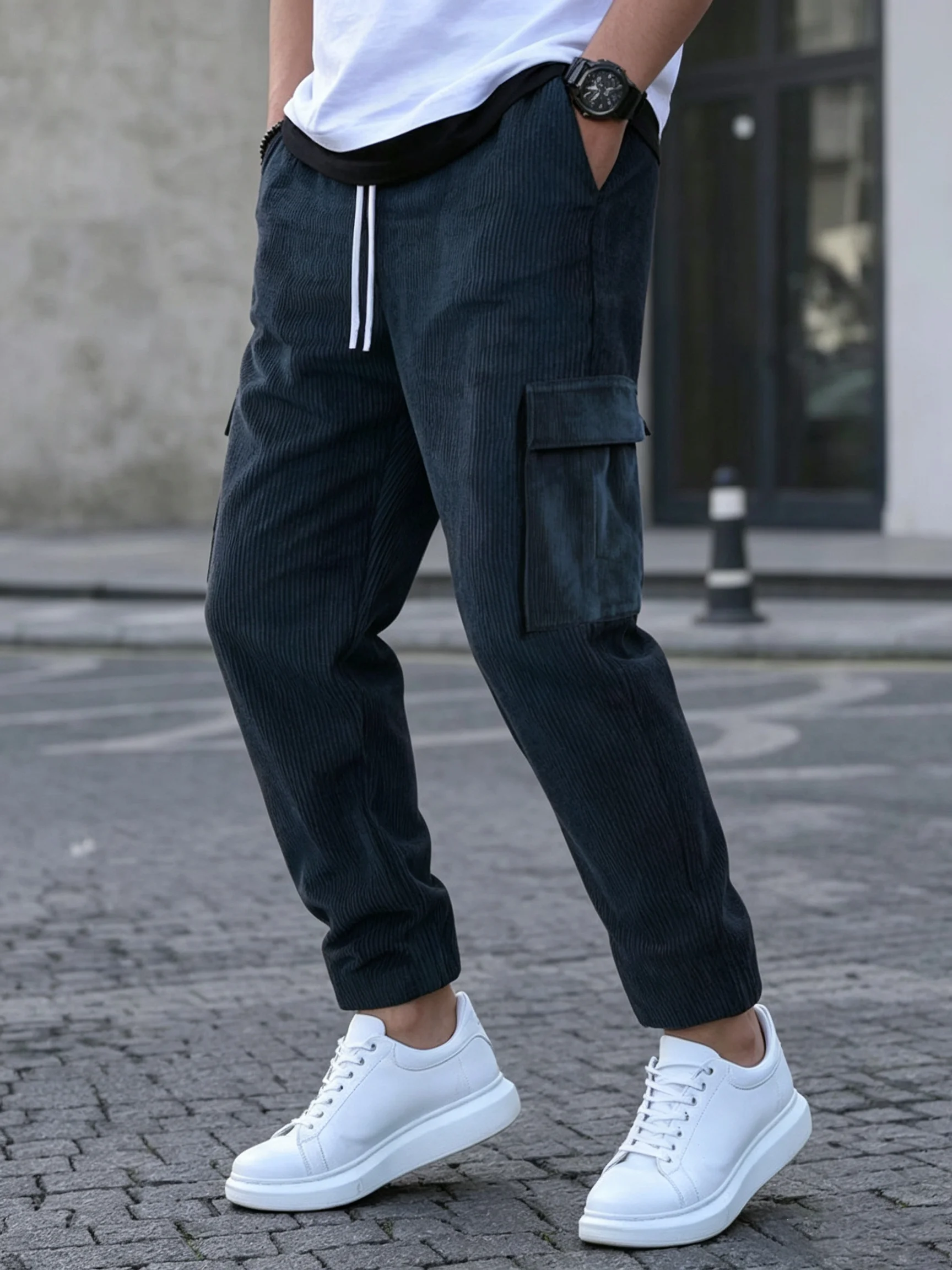 Pantalon cargo pour homme avec cordon de serrage, pantalon décontracté à taille élastique avec poches pour l'automne et l'hiver, bas de tenue pour homme pour un usage quotidien