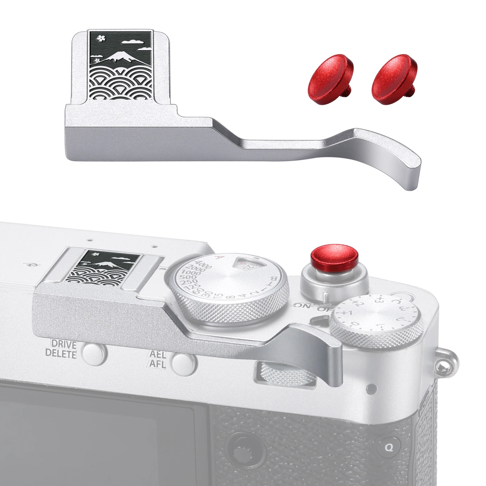 

Металлическая ручка-держатель для пальца с крышкой горячего башмака и кнопкой мягкого спуска затвора для камер Fujifilm X100V X100VI (комплект аксессуаров)