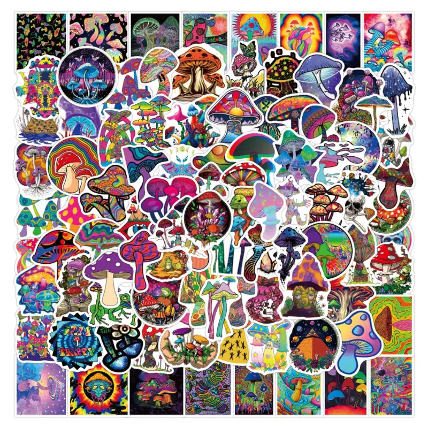 100PCS Fantasy Mushroom Sticker Funny Sticker For Polyethylene Waterproof Luggage Helmet Laptop Decorative Sticker
