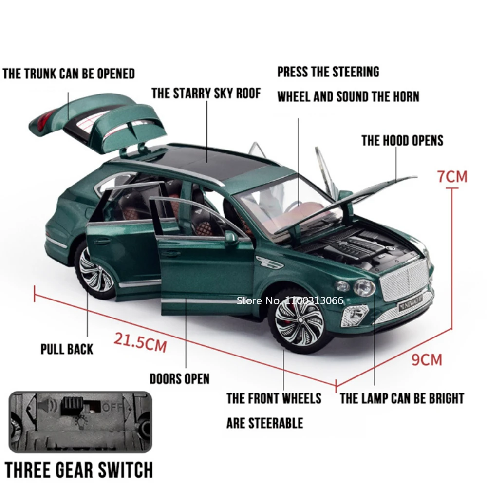 1:24 스케일 벤테이가 자동차 모델 합금 다이캐스트 장난감 자동차 6개 도어 개폐 가능, 후진 기능 포함, 성인용 수집품 장식품