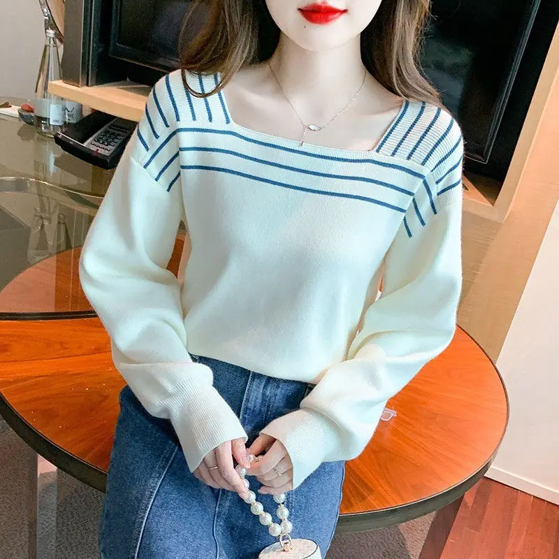 Autumn Winter Flattering Square Collar Striped Women\'s Clothing Pullover Lantern Long Sleeve Sweater Knitted Screw Thread Tops