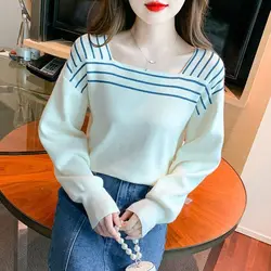 Autumn Winter Flattering Square Collar Striped Women's Clothing Pullover Lantern Long Sleeve Sweater Knitted Screw Thread Tops