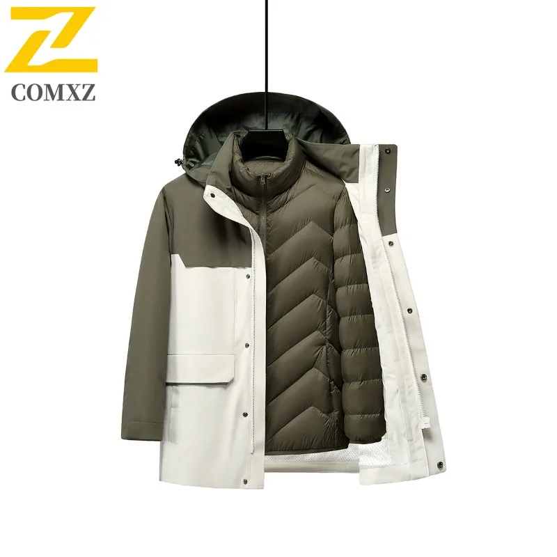 COMXZ Men Down Jacket Classic Solid Color Detachable Hood Warm High Quality Skiing Puffer Jacket Travel Windproof Winter Jacket