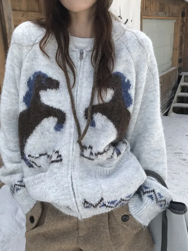 

Ladies' Chic Loose Knitted Zipper Sweater Outerwear Casual Collar Color Blo Design Korean Sle Winter Thiened Cardigan