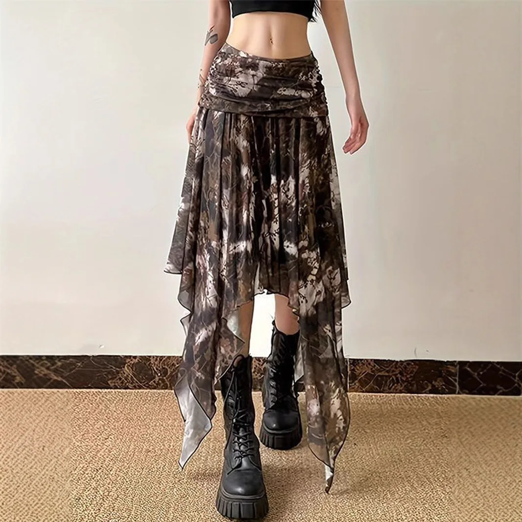 

2026 New Summer Vintage Mesh Irregular Printed Skirt Patchwork Distressed Grunge Y2K High Waist Elastic Waist Long Skirt Women