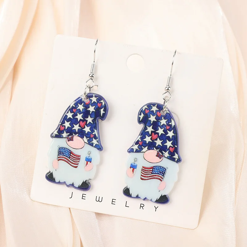 2 Pcs Fashion Cartoon Asymmetrical Elderly Reversible Acrylic Multicolor Dangle Earrings Woman Celebrated USA Independence Day