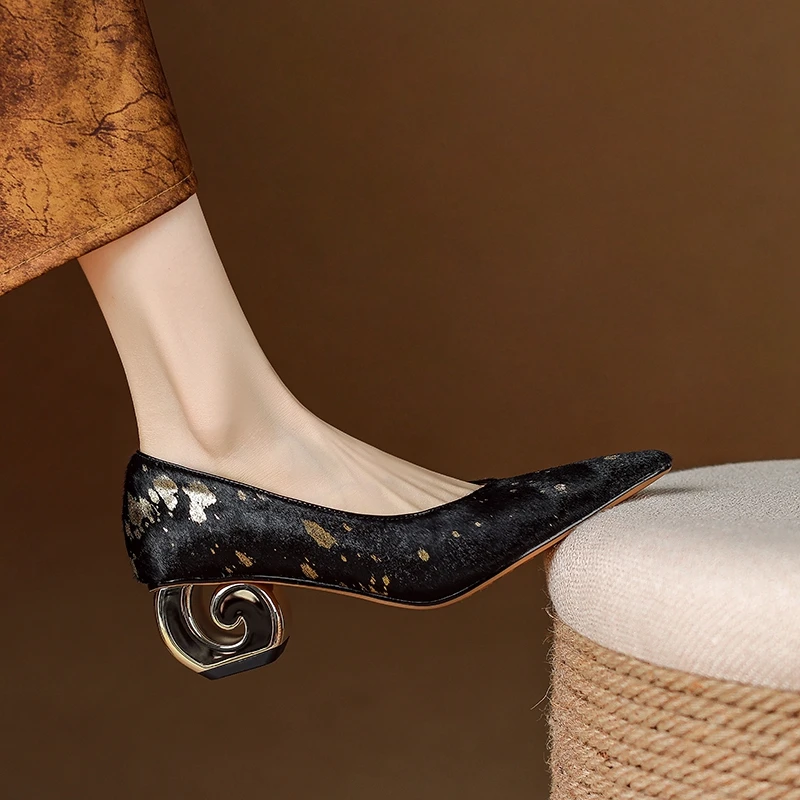 Women's New Leather Sheepskin Sprinkled with Gold Horsehair Pointed Gold-Plated Heel, Spring and Autumn High Heels, Work Shoes