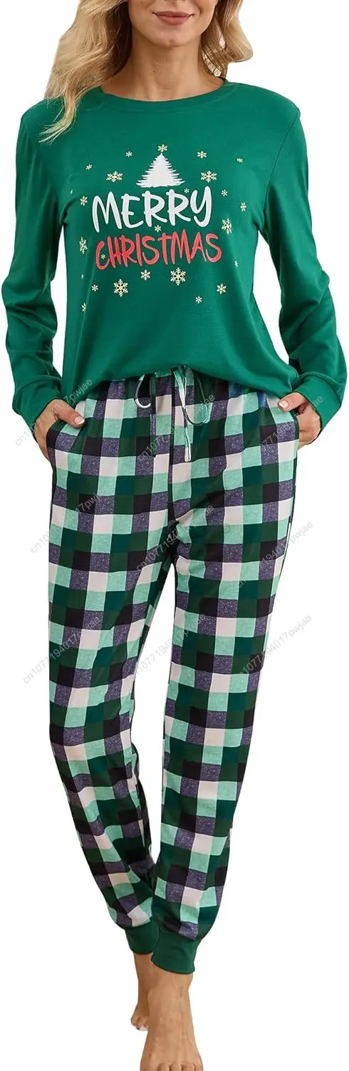 

трудностковые женские рождественские пижамные комплекты, пижамы с длинными рукавами, клетчатые брюки, одежда для сна из двух предметов с карманами