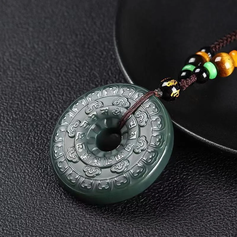 Hotan Green Jade Fine Material Six-Character Mantra Peace Pendant Necklace Men and Women
