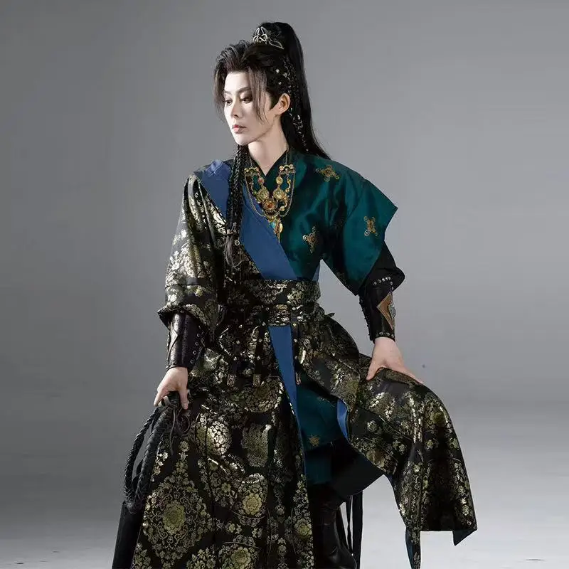 Classic Traditional Gold Woven Hanfu Dress Men's Tang Dynasty Round Neck Robe Vintage Half Sleeve Swordsman Cosplay Costume Boys