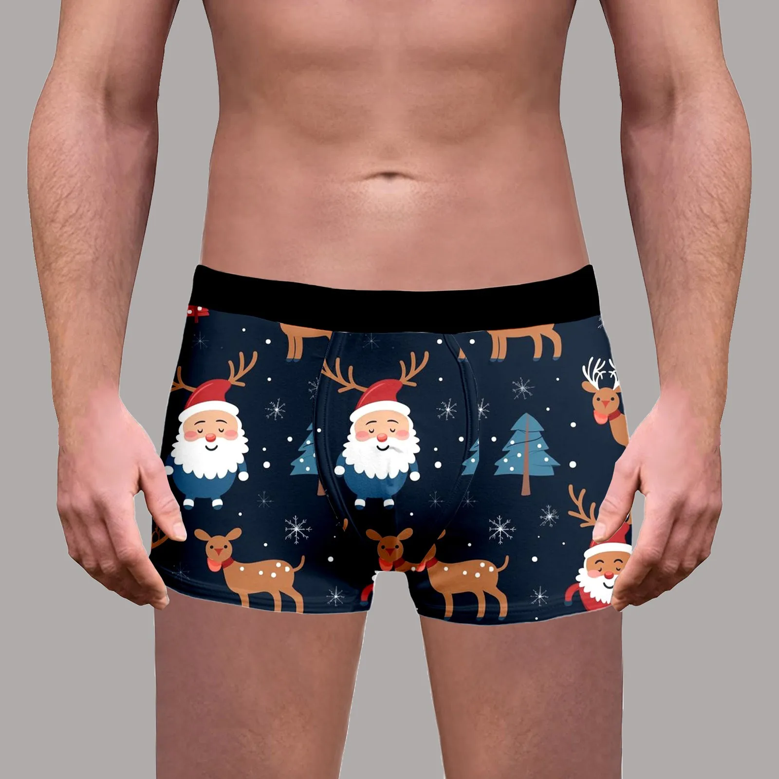 Celana Boxer motif natal pria, celana dalam pinggang sedang nyaman, pakaian dalam kucing lucu Sinterklas, manusia salju