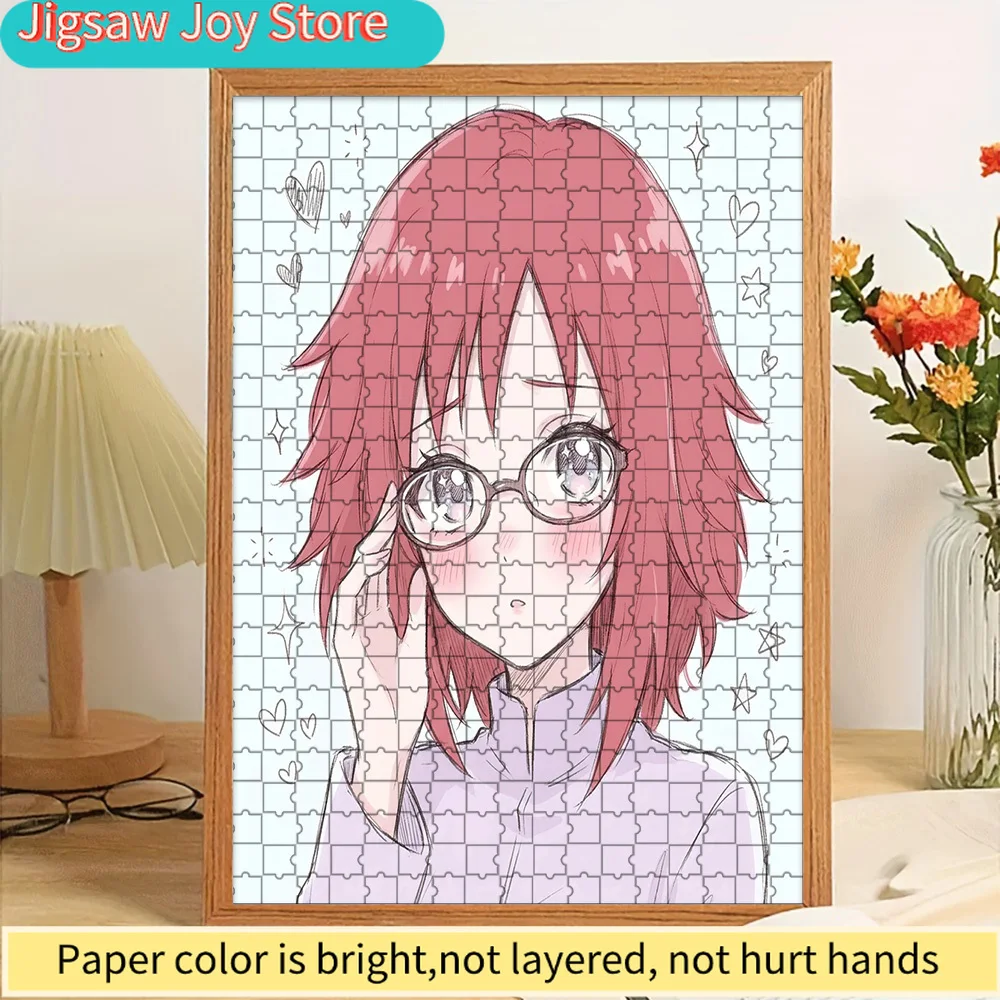 

Karin Uzumaki Paper Puzzle, Anime Character with Pink Hair, Glasses and Blushing Cheeks in Cute Sketch Style with Hearts and Sta