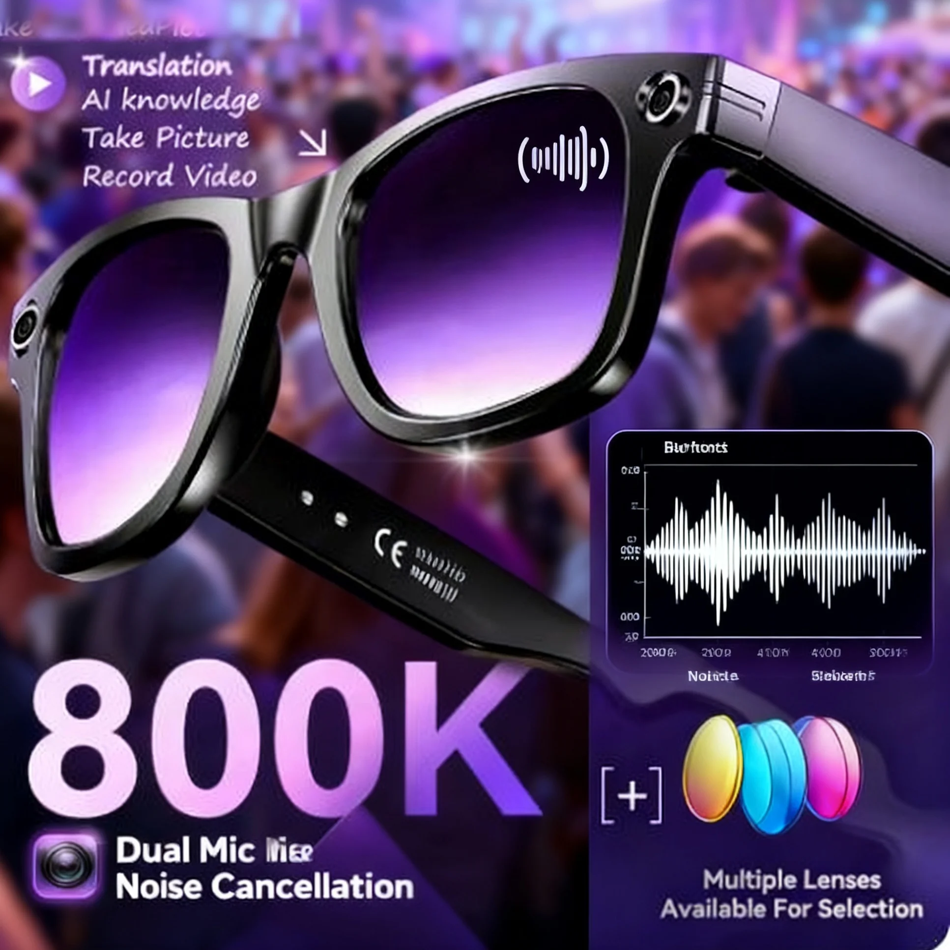 

2025 800W AI Smart glasses with Camera Video 8MP Translation Sunglasses Bluetooth Call Music Play Men Women Recording Languages