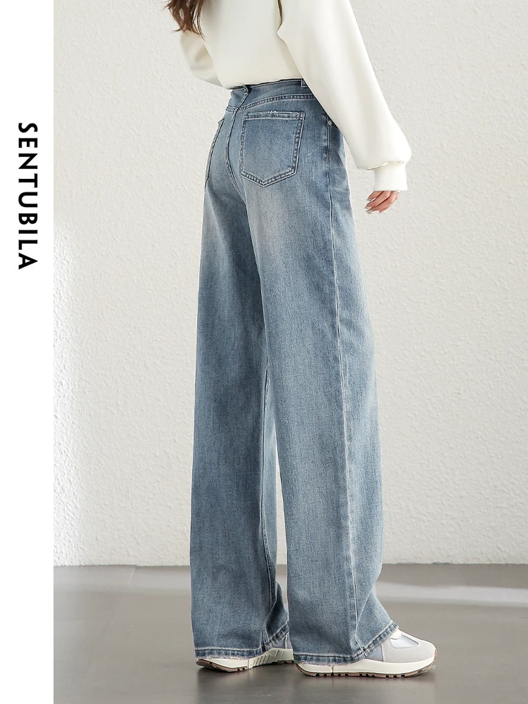 SENTUBILA Women Washed Cotton Jeans  2024 Autumn Straight Retro Leather Label Denim Full Length Trouser  Pant W43N56514