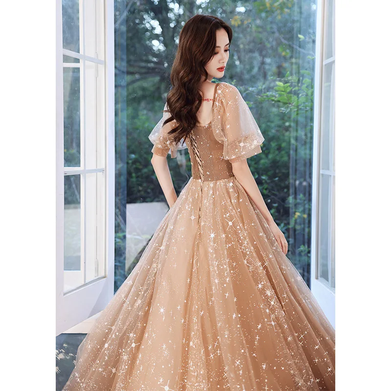 Champagne Evening Dress 2023 New Women\'s Sequin Tulle Long Lace-Up Prom Dresses Elegant Temperament A-line Banquet Party Gown