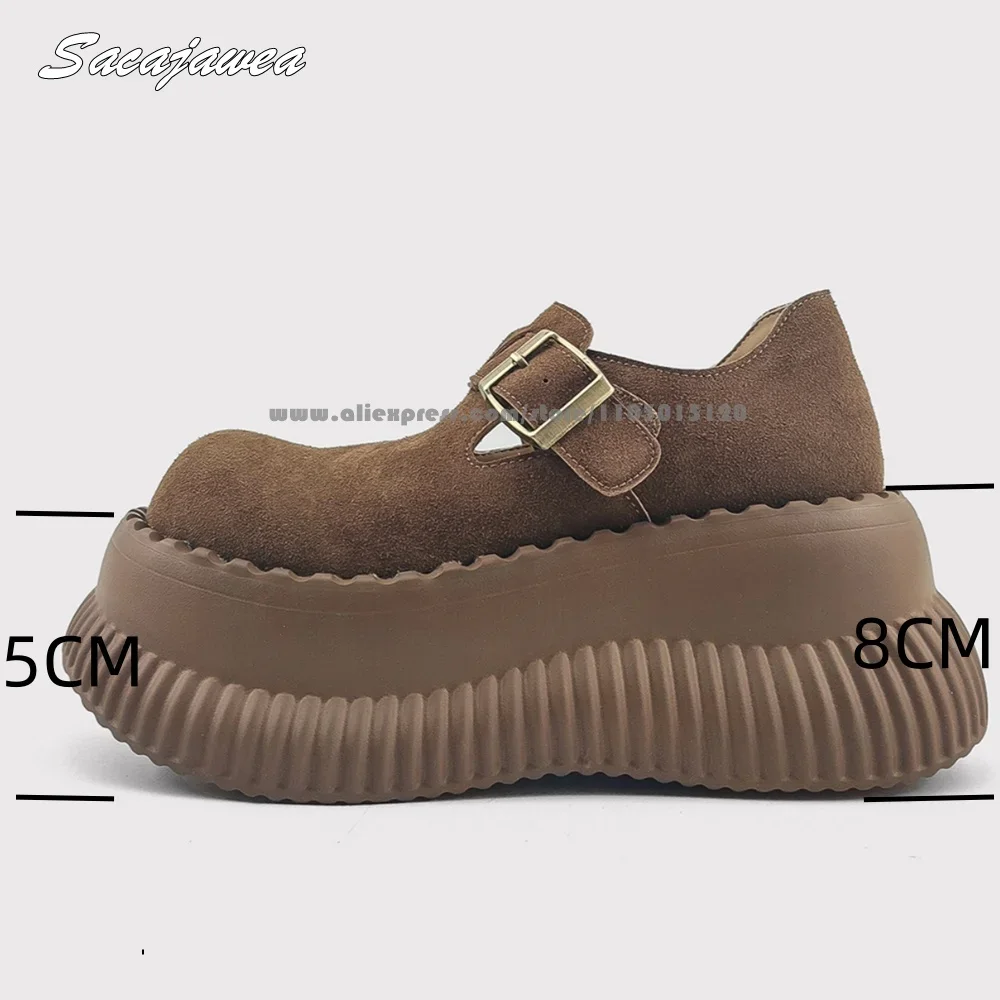

Cow Suede Belt Buckle Strap Thick Sole Mary Jane Boots Round Toe 8CM Heel Non-Slip Lady Boots Leathe Cool Girl Boots