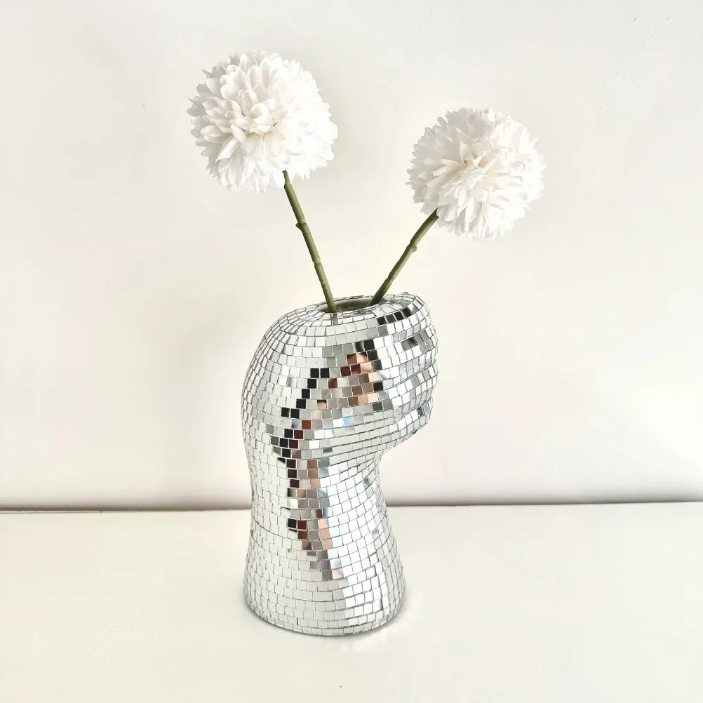 Silver Glass Vase Disco Mirror Vases Creative Fist Vase Room Decoration Living Room Desktop Decoration Home Decoration