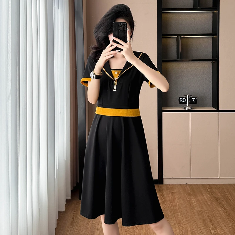 

Fashionable Mid-Length A-Line Dress Summer 2026 Patchwork Slimming Belly Covering Trendy Fake Two-Piece Cotton Polyester Blend