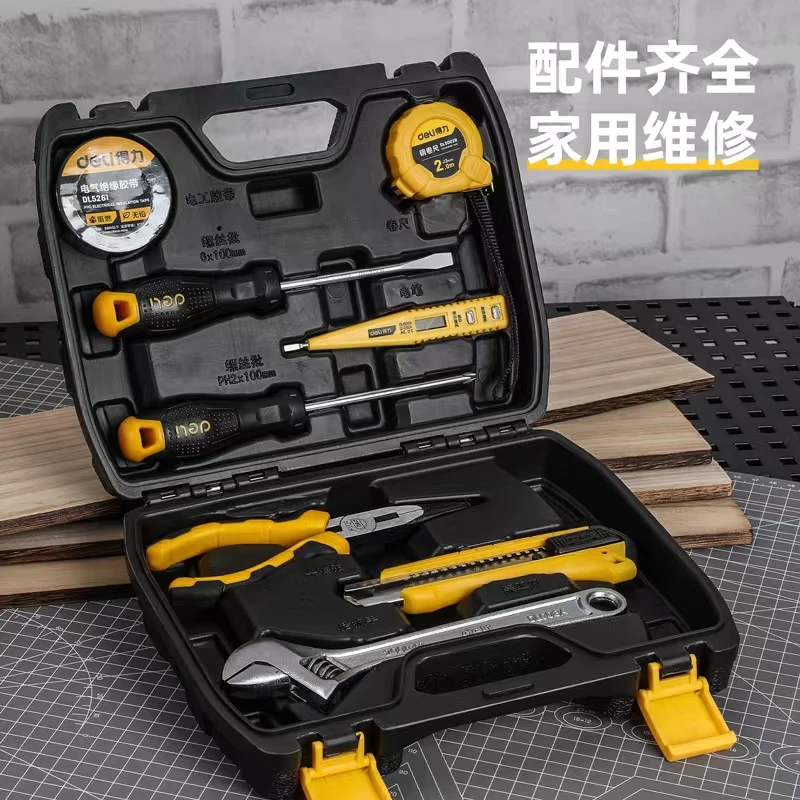 deli Hand Tool Set General Household Repair Hand Tool Kit With Plastic Toolbox Storage Case Socket Wrench Screwdriver Knife