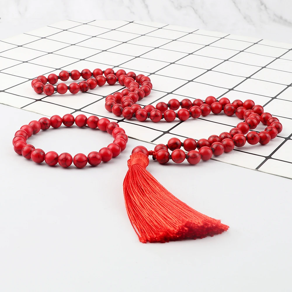 8mm Natural Black Line Red Pine Necklaces Set Fashion Handmade Knotted Tassel Pendant Charm Beaded Bracelet Yoga Spirit Jewelry