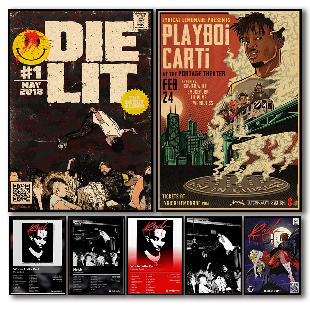 Póster de cómic de rapero Pop Playboi Carti, álbum de música estética, troquelado entero, Lotta roja, Hip Hop, lienzo impreso, arte de pared, decoración de habitación