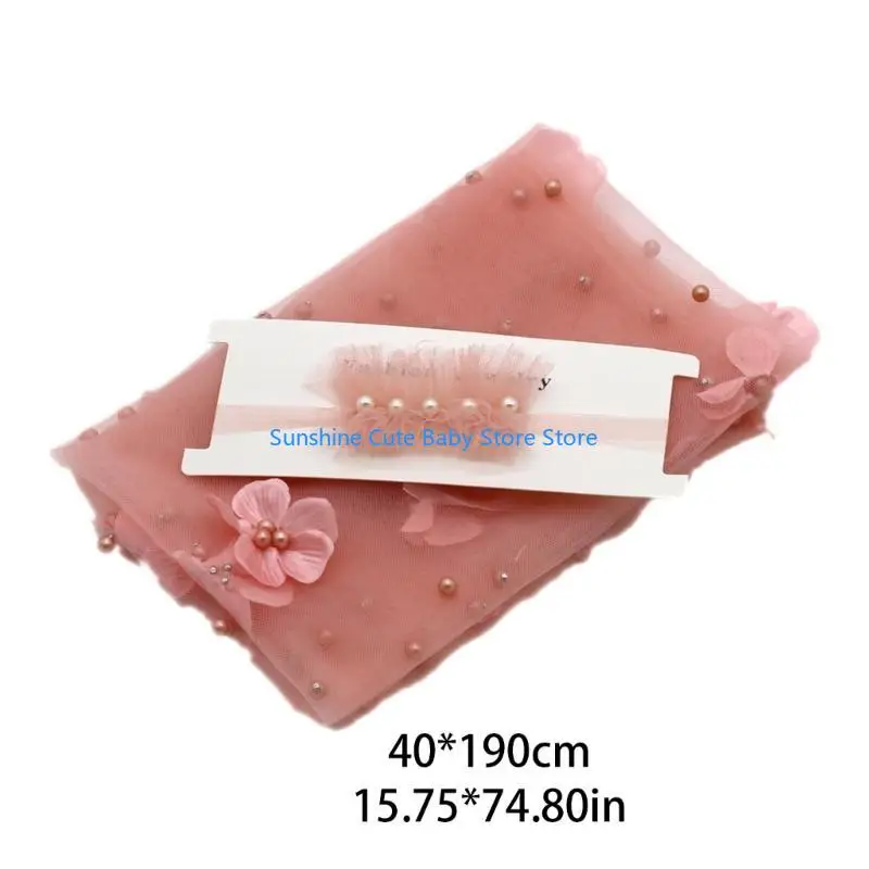C5AF 2Pcs 신생아 사진 촬영 소품 긴 랩 쉬폰 비즈 꽃 장식 DIY 사진 소품 머리띠와 담요