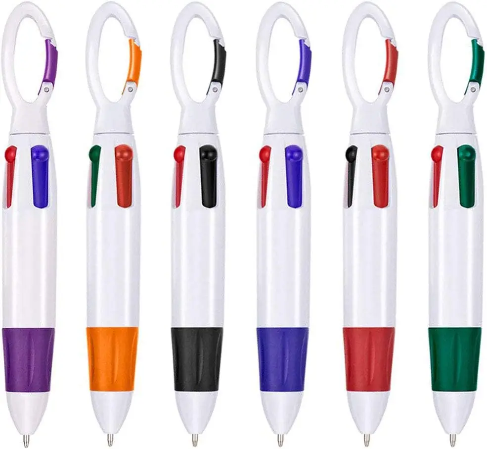 6 Pieces Retractable Shuttle Pens 4 Neon Color in One Ballpoint Pen with Buckle Clip on Top Multi-Color Carabiner Keychain