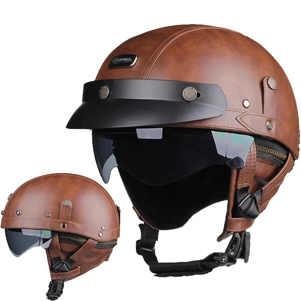

DOT Certified Motorcycle Helmet Motorcycle Pilot Retro Leather Helmet Outdoor Riding Equipment, Four Season Helmet