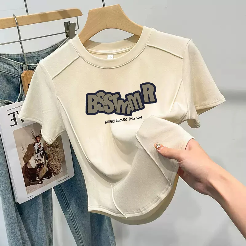 plus Size Women's Short Sleeve T-Shirt Pure Cotton Shoulder Width Regular Fit Summer Slimming Fishbone Design round Neck Top